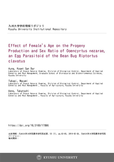 Pdf Effect Of Females Age On The Progeny Production And Sex Ratio Of Ooencyrtus Nezarae An