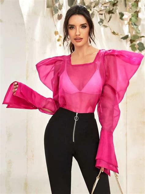 Gigot Sleeve Tie Back Sheer Organza Top Without Bra Organza Top