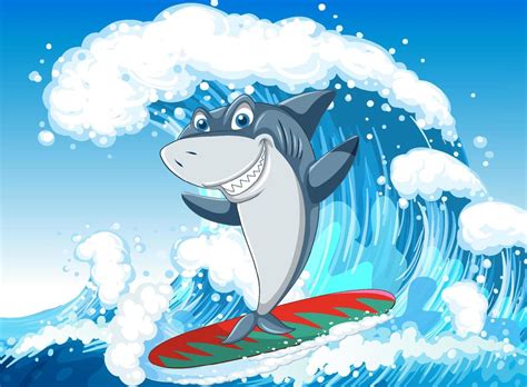 personagem de desenho animado de tubarão fofo surfando no oceano