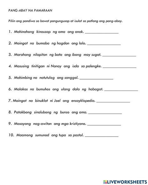 Interactive Worksheet Pang Abay Na Pamaraan