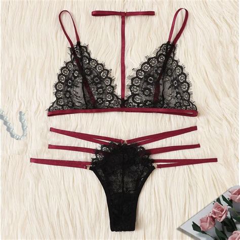 Feitong 2pc Fashion Women Plus Size Sexy Set Bra Eyelash Lace Lingerie Set With Choker Sleepwear