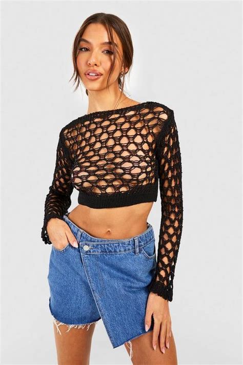 Black Crochet Long Sleeve Top Boohoo Uk