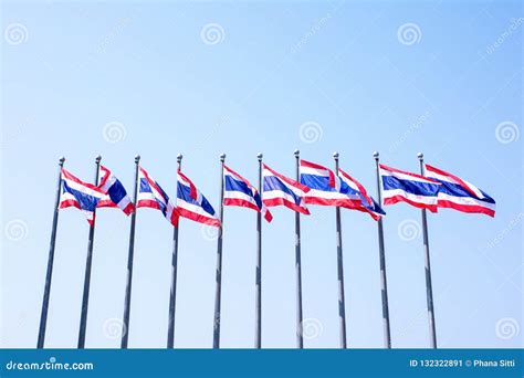 Ten Flag Pole Of Thailand On Blue Sky Background Many Thai Flags Stock