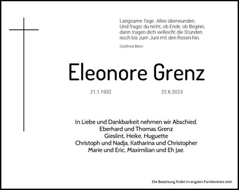 Traueranzeigen Von Eleonore Grenz GA Trauer De