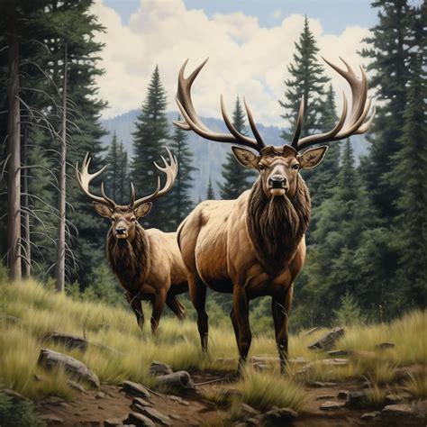 Premium AI Image Painting Of Two Elk Standing In A Forest With Trees