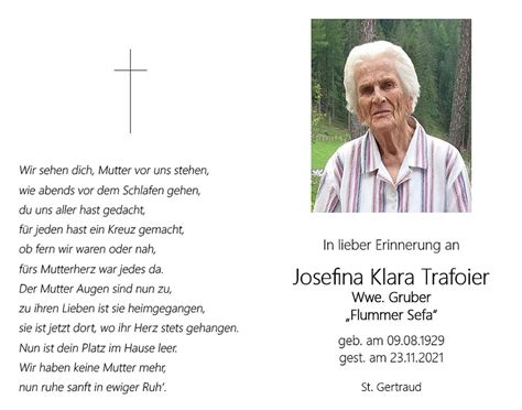 Josefine Klara Trafoier Aus Ulten Trauerhilfe It Das S Dtiroler