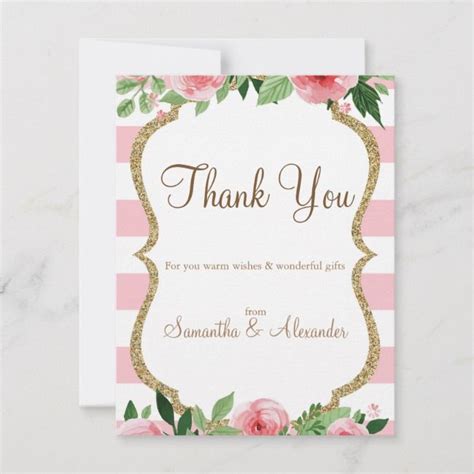 Pink Gold Glitter Watercolor Flower Thank You Card Zazzle Thank You