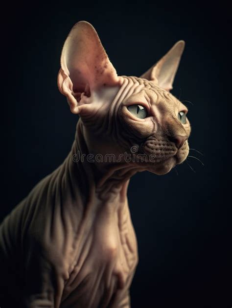 Sphynx Cat With Blue Eyes Sitting On Dark Background Stock Photo