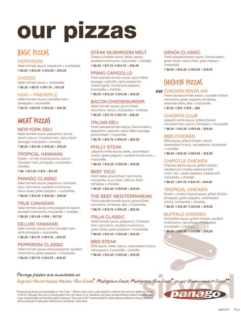 Panago Pizza Menu In Chilliwack British Columbia Canada