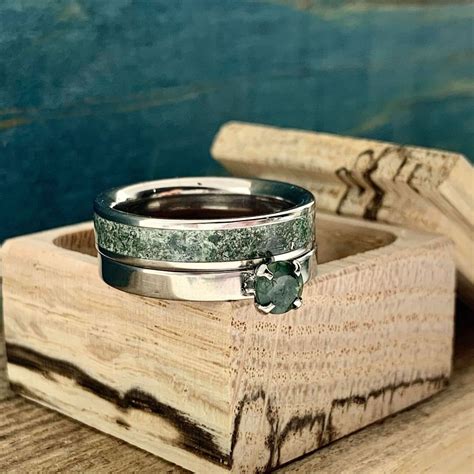 Moss Agate Wedding Band Set Moss Agate Engagement Ring Etsy