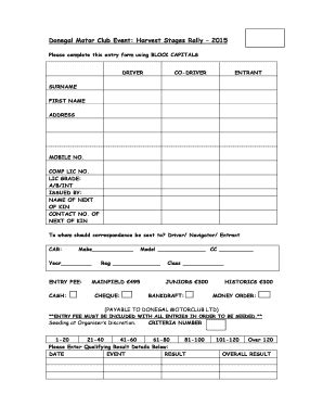 Fillable Online Harvest Rally Entry Form Donegal Motorclub Fax