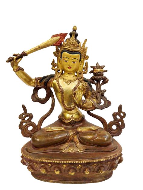 Buddhist Handmade Statue Of Manjushri Partly Gold Plated Face Painted