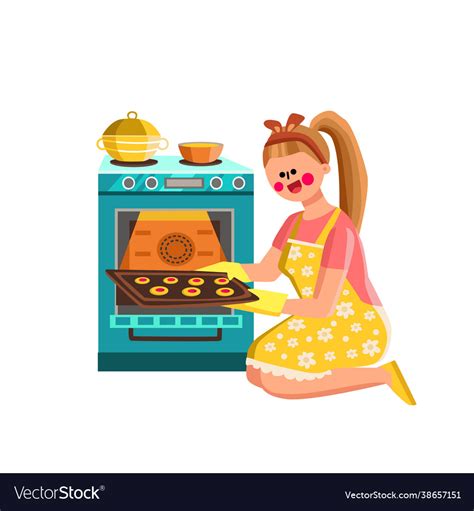 Woman Baker Baking Cookies In Kitchen Oven Vector Image