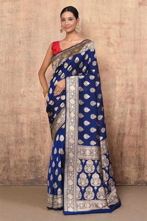 Buy Blue Katan Silk Handwoven Leaf And Banarasi Saree With Running