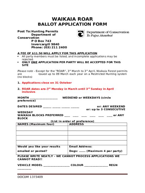 Waikaia Roar Ballot Application Doc Template PdfFiller