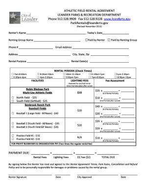 Fillable Online Leandertx ATHLETIC FIELD RENTAL AGREEMENT Fax Email