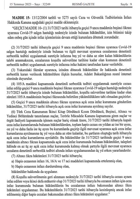 15 TEMMUZ 2023 TARİHLİ RESMİ GAZETEDE YAYINLANAN CEZA İNFAZ KURUMLARI