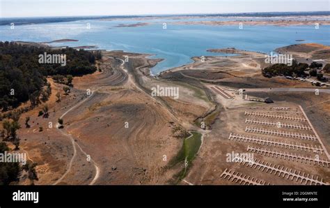 Aerial view of the severe drought conditions of Folsom Lake, a ...