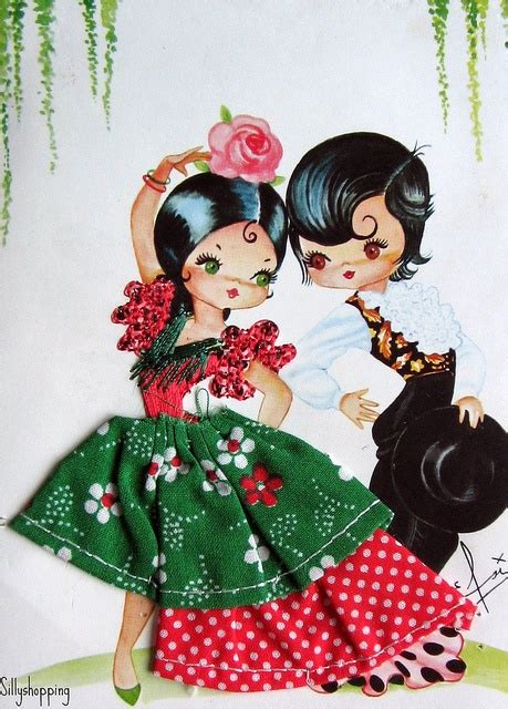 Vintage Big Eyed Spanish Couple Embroidered Souvenir Postcard Vintage