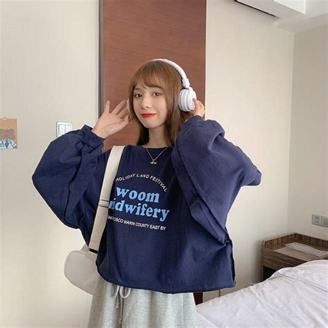 Female Korean Kawaii Ins Letter Print Loose Sweatshirt Womens