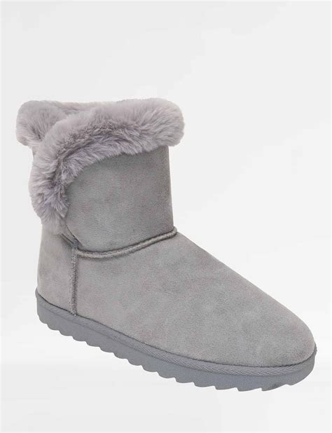 Ladies Wide Fit Pull On Faux Fur Trim Mock Suede Boot Chums