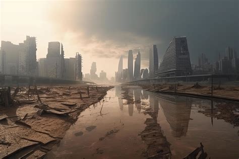 Post-apocalyptic landscape. City after the effects of global warming ...