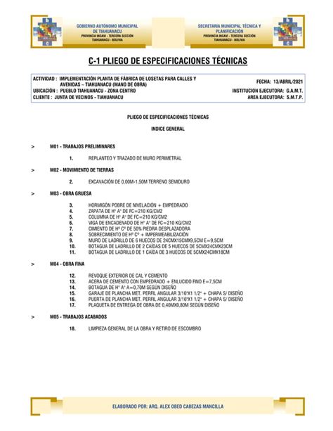 1 C 1 PLIEGO DE ESPECIFICACIONES TECNICAS Pdf