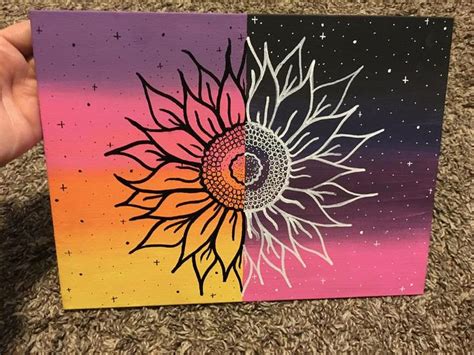 Day And Night Sunflower Painting Sunflower Painting Trippy Etsy