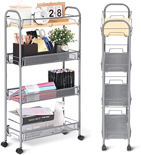 Kingrack Tier Slim Rolling Cart With Wooden Tabletop Easy Assemble