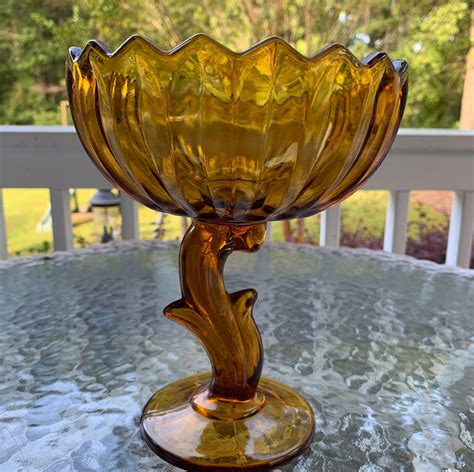 Vintage Amber Glass Flower Shaped Pedestal Bowl Etsy Amber Glass Glass Amber Glassware