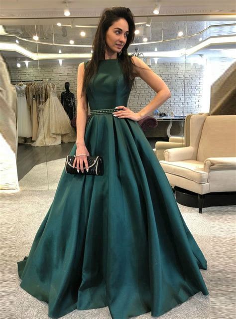 Dark Green Backless Beaded Backless Satin Prom Dresses P1835 Dark