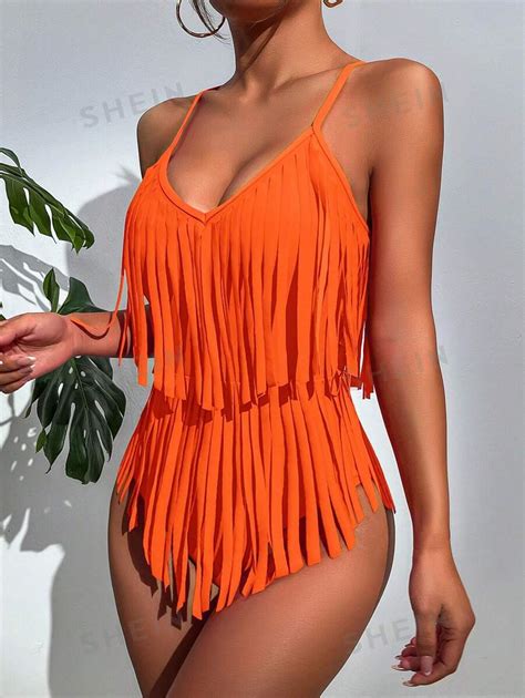 Shein Swim Vcay Fringe Trim One Piece Swimsuit Shein Usa