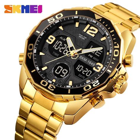 SKMEI 1649 Relógios Esportivos Masculinos Top Luxo Marca Dourado Aço