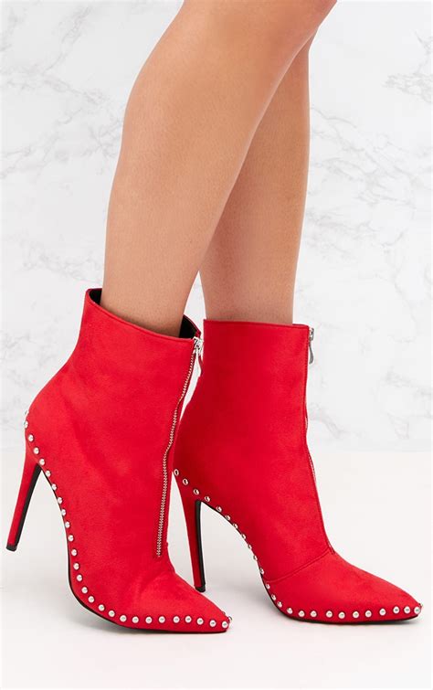 Red Faux Suede Studded Zip Pointy Ankle Boots Prettylittlething Usa