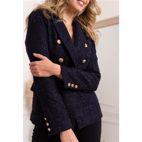 Damen Boucl Blazer Mit Goldenen Kn Pfen Marine