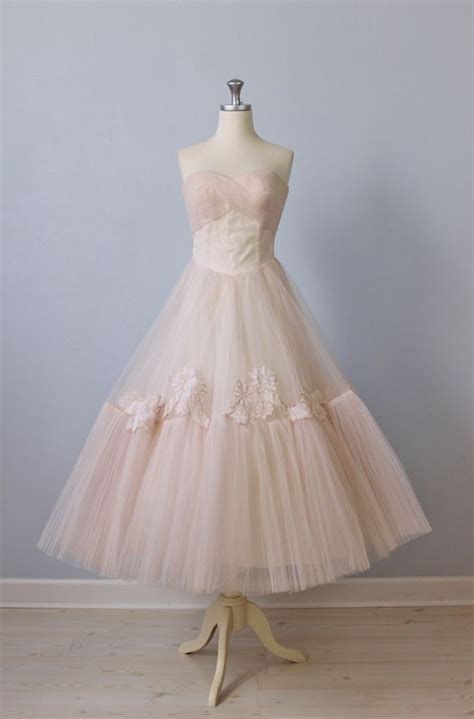 1950s Strapless Pink Tea Length Wedding Dress Deer Pearl Flowers