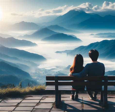 Premium AI Image A Romantic Couple Sitting On A Bench And Watching