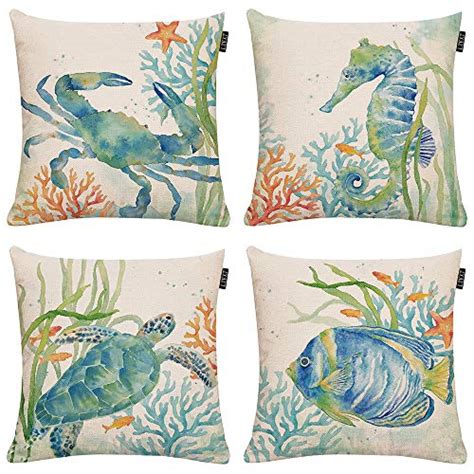 Set Of 4 Ocean Beach Outdoor Throw Pillow Covers Turtle Crab Seahorse