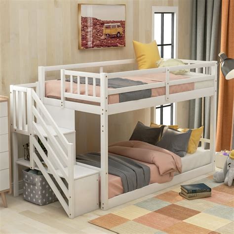 Euroco Wood Twin Over Twin Floor Bunk Bed with Stairs for Kids, White - Walmart.com - Walmart.com