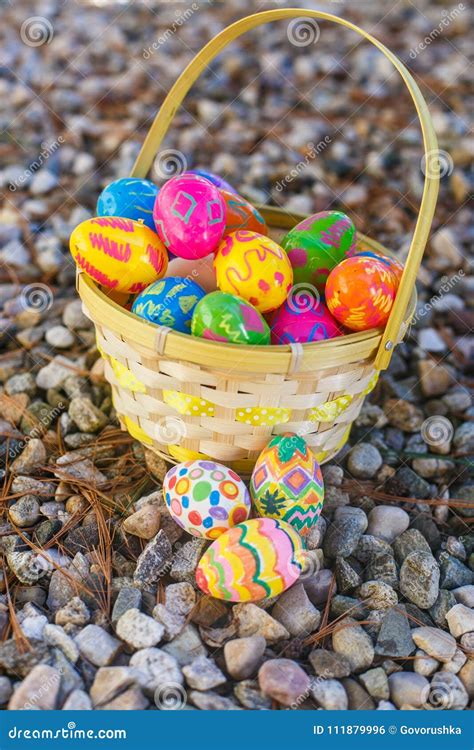 Easter Eggs In A Basket Of Gravel Stock Photo Image Of Decoration