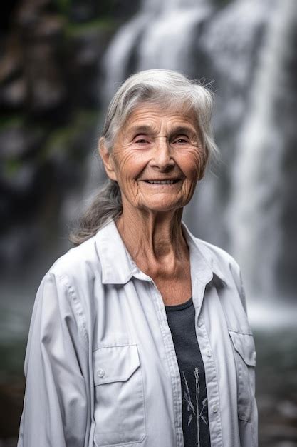 Premium Ai Image A Mature Woman Standing In Front Of A Waterfall