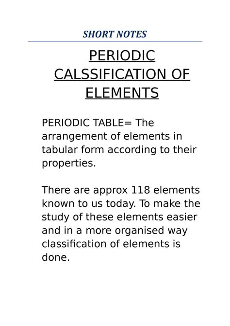 Short Notes Periodic Classification Short Notes Periodic