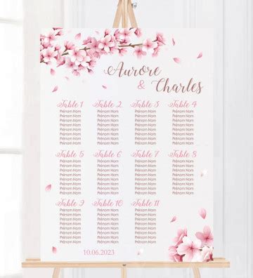 Plan de table Mariage personnalisé Fleurs de cerisiers Format tableau