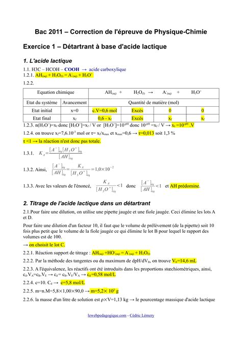 Bac 2011 Correction de l épreuve de Physique Chimie 1 L acide lactique