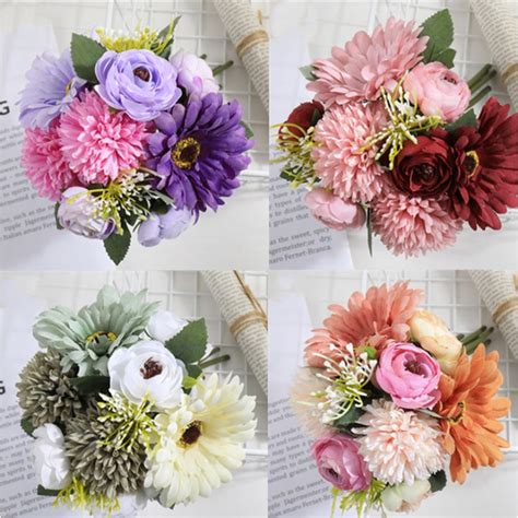 Pcs Bouquet Artificial Flower Rose Gypsophila Dandelion Gerbera