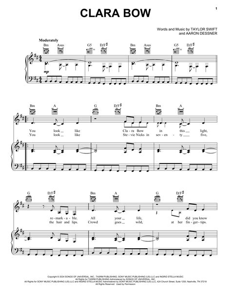 Taylor Swift "Clara Bow" Sheet Music for Piano, Vocal & Guitar ...