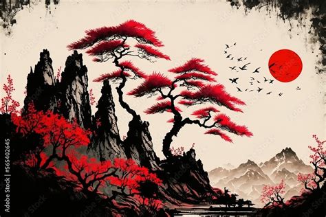 Traditional Chinese Painting Red Landscape Painting Of