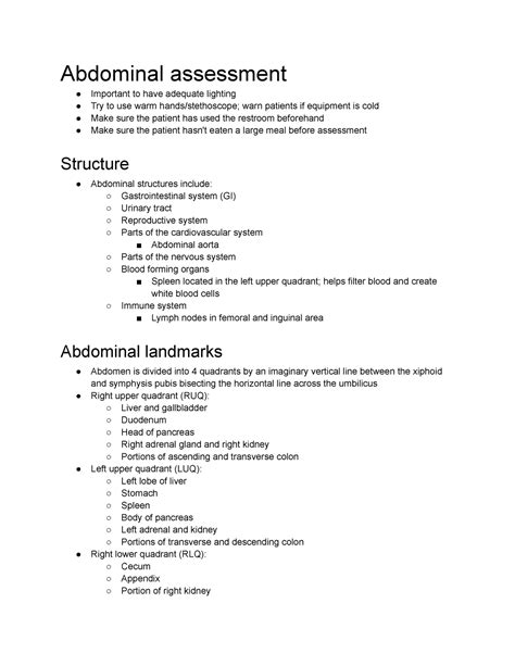 Abdominal Assessment Studocu