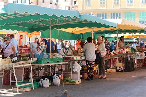 People Shopping At Artisan Food Market Stalls Ajaccio Capital City Of