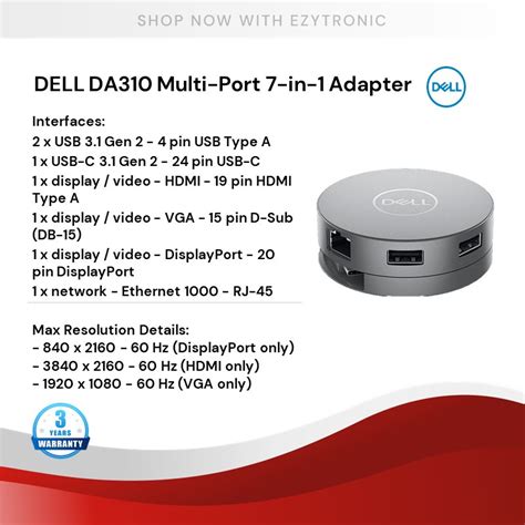 Dell Da310 7 In 1 Usb C Multiport Adapter 4k Display Port Gigabit